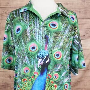 Obnoxious Golf Polo Shirt Mens 2XL Green Peacock All Over Print Loud Golf